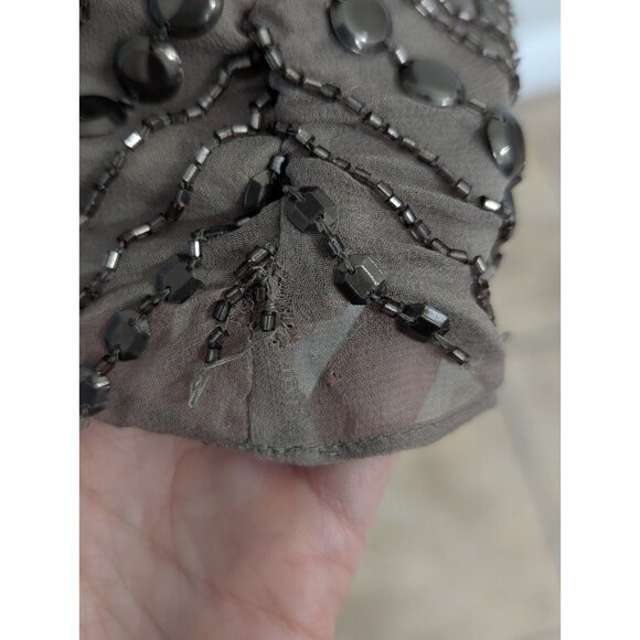 Parker 100% Silk Fully Beaded Allegra Mini Dress Taupe Size M Fairy Goth Grunge - Picture 10 of 16